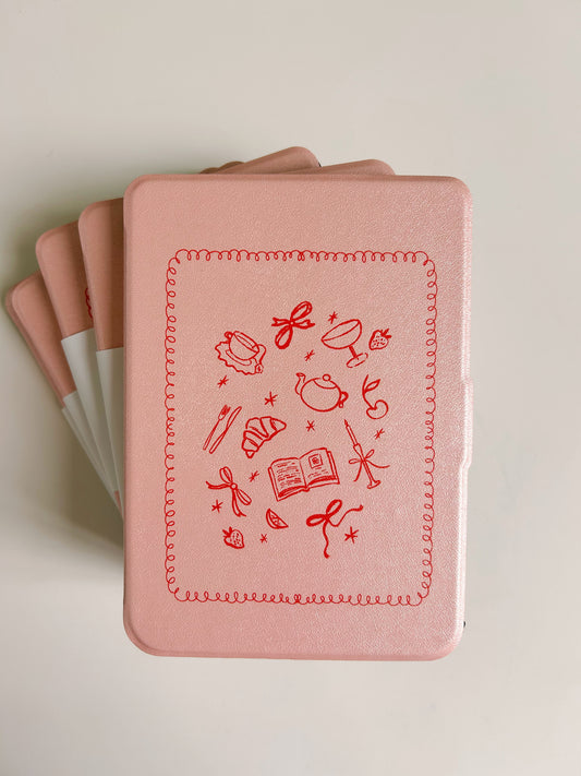 Pink Kindle & Kobo case with red hand-drawn details